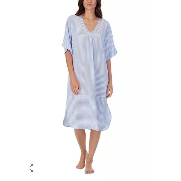 Eileen West Other - Eileen West Women M Striped Caftan Nightgown Blue White Pajama Lace Seersucker